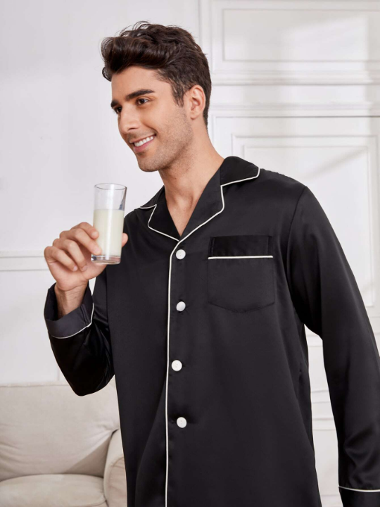 Men Pocket Front Contrast Piping Satin PJ Set