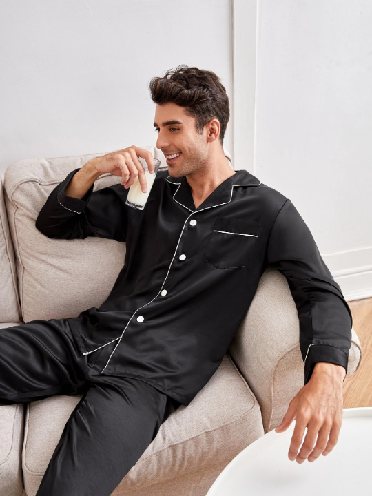Men Pocket Front Contrast Piping Satin PJ Set