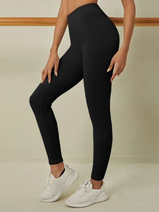 Yoga Basic Solid Rib-Knit Sports Leggings Workout Leggings Spandex