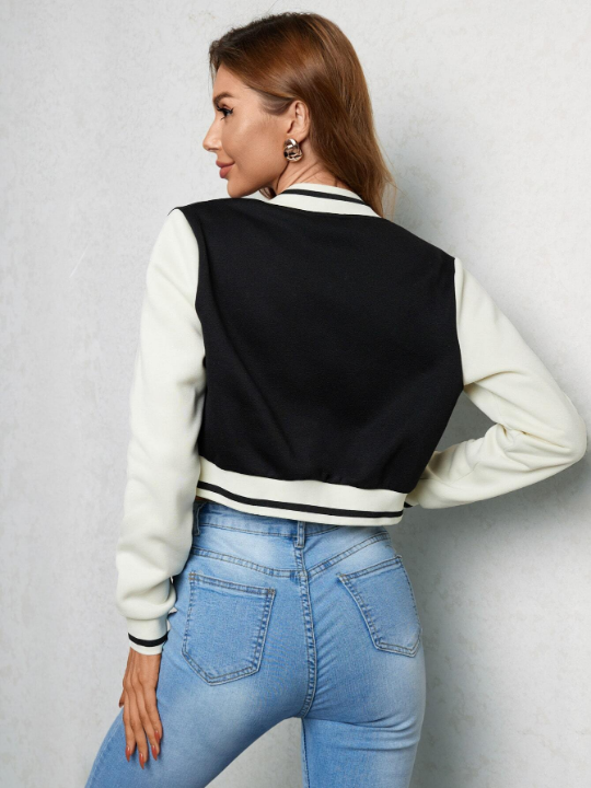 X Sanya Letter Patched Crop Varsity Jacket