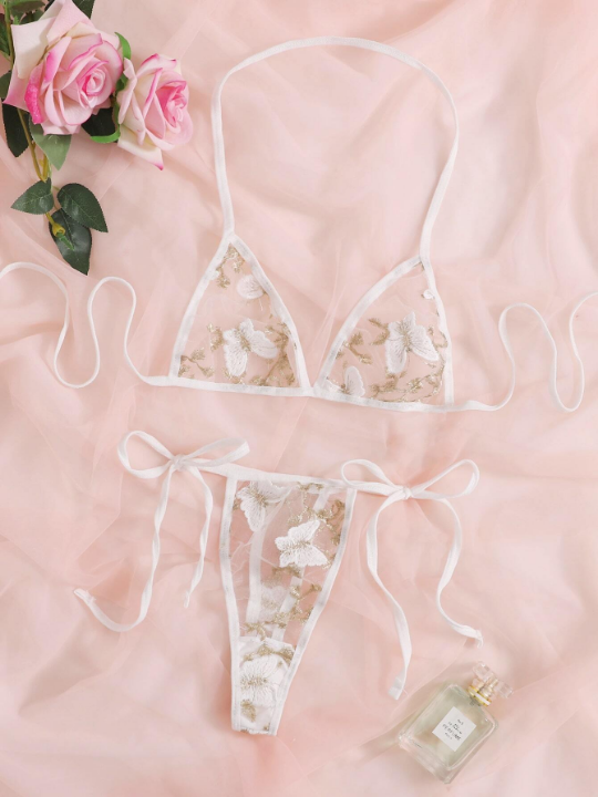 Butterfly Embroidery Mesh Lingerie Set