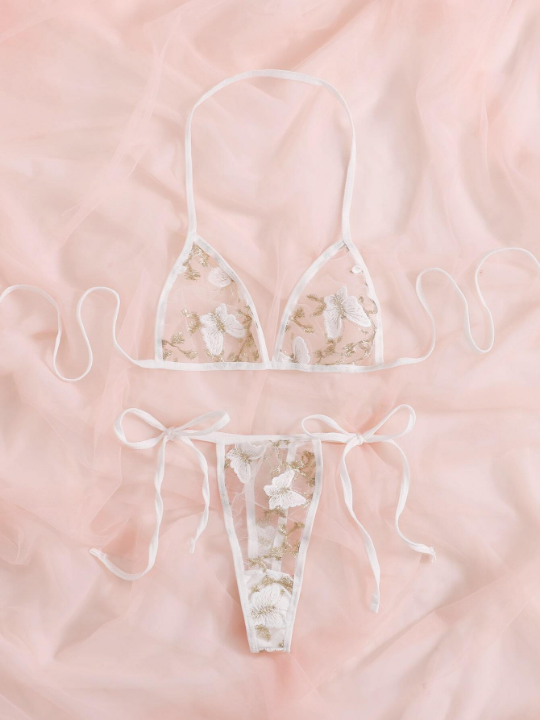 Butterfly Embroidery Mesh Lingerie Set