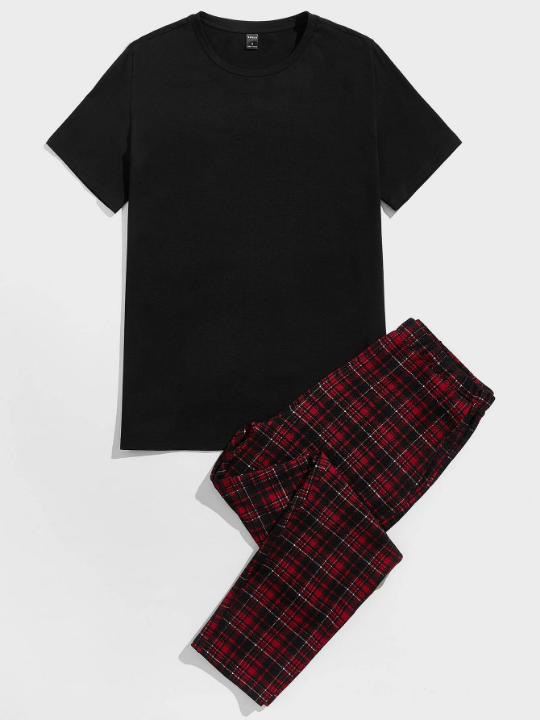 Men Round Neck Tee and Tartan Pants PJ Set