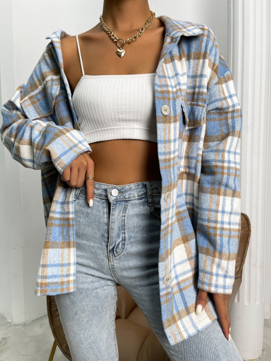 Plaid Flap Pocket Drop Shoulder Overcoat