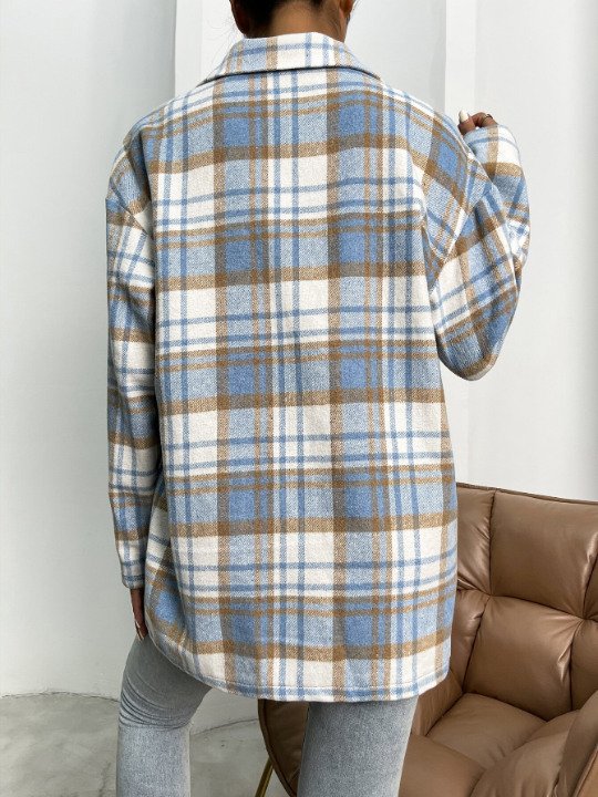 Plaid Flap Pocket Drop Shoulder Overcoat