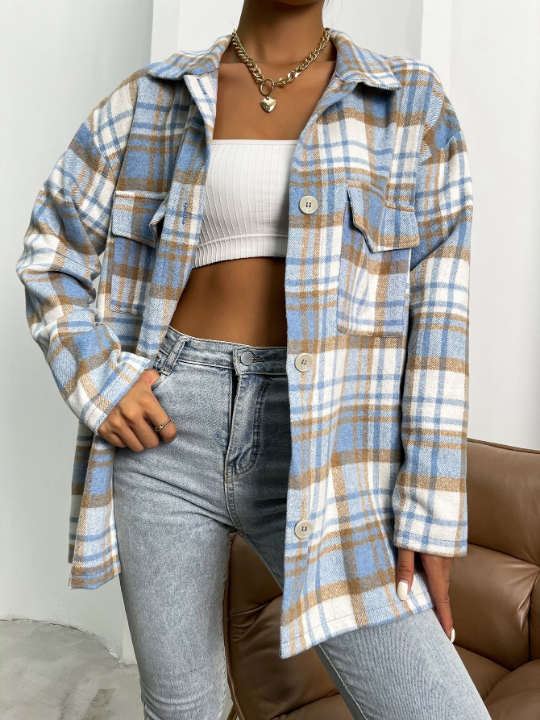 Plaid Flap Pocket Drop Shoulder Overcoat