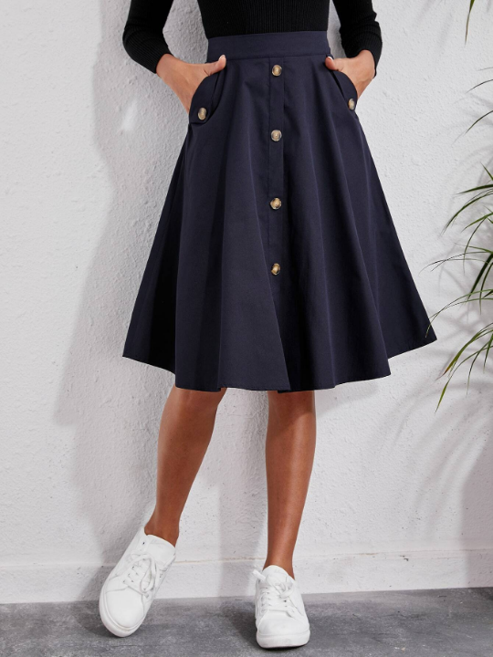 Solid Single Breasted Flare Skirt