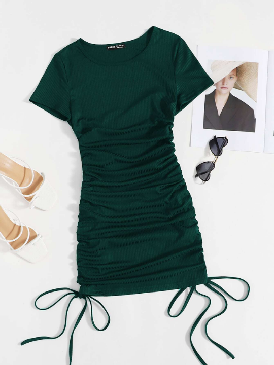 Solid Side Drawstring Ruched Bodycon Dress