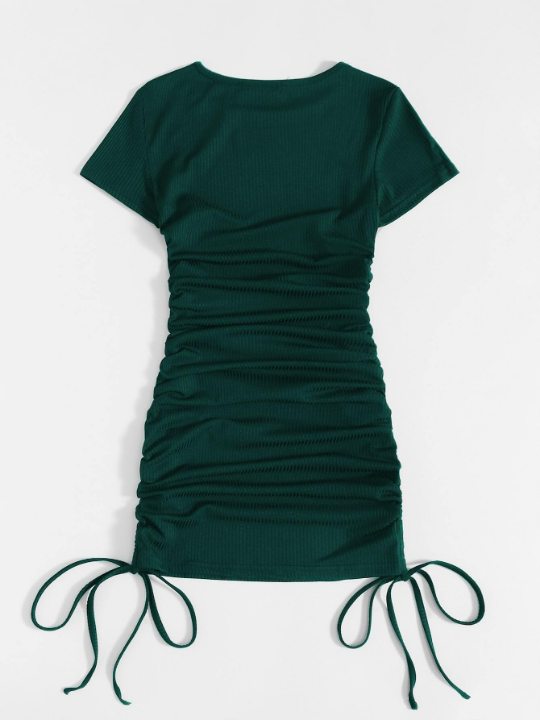 Solid Side Drawstring Ruched Bodycon Dress