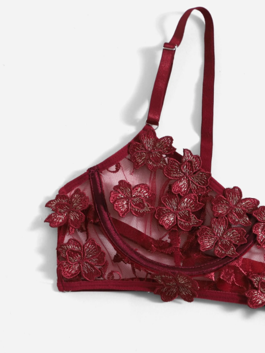 Floral Embroidery Mesh Underwire Garter Lingerie Set