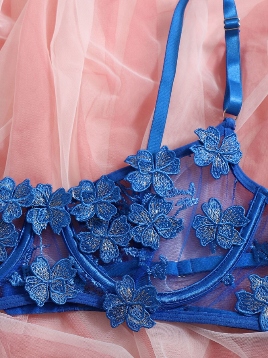 Floral Embroidery Mesh Underwire Garter Lingerie Set