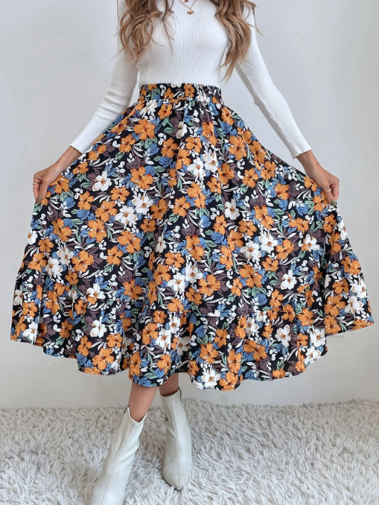 VCAY Allover Floral Print Flare Skirt