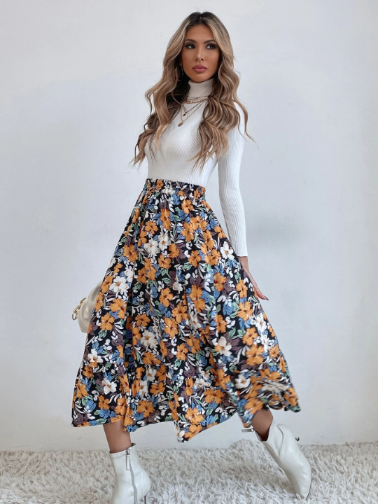 VCAY Allover Floral Print Flare Skirt