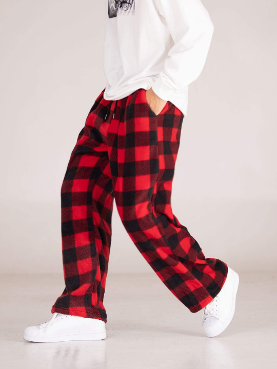 Manfinity Hypemode Men's Loose-Fitting Gingham Print Wide-Leg Pants With Drawstring Waist