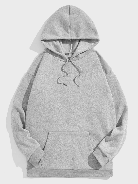 ROMWE Men Solid Kangaroo Pocket Drawstring Hoodie
