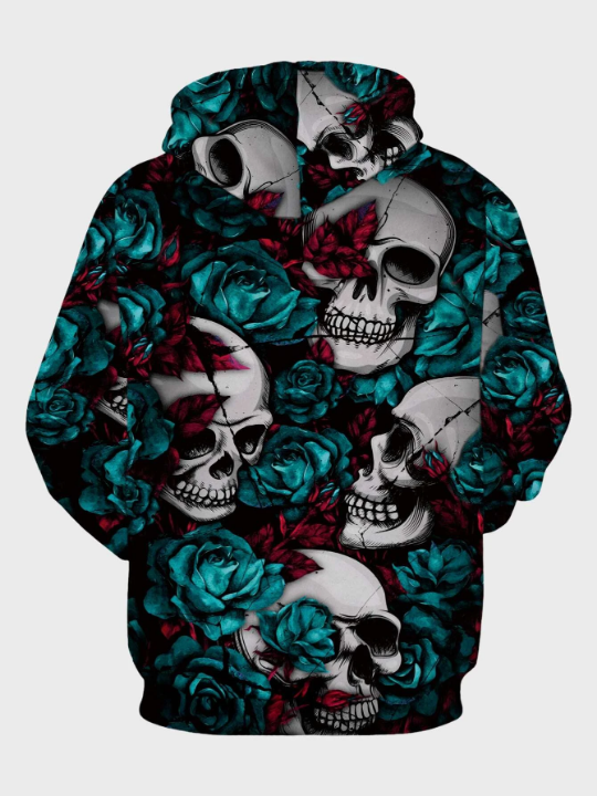 Manfinity LEGND Men Rose & Skull Print Kangaroo Pocket Drawstring Hoodie
