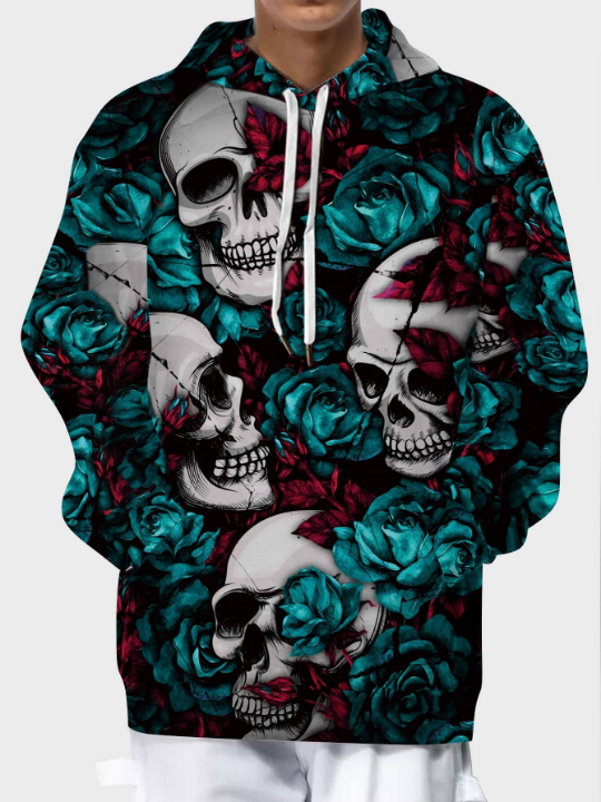 Manfinity LEGND Men Rose & Skull Print Kangaroo Pocket Drawstring Hoodie