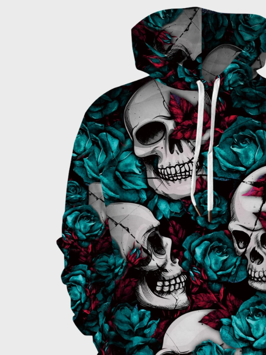 Manfinity LEGND Men Rose & Skull Print Kangaroo Pocket Drawstring Hoodie