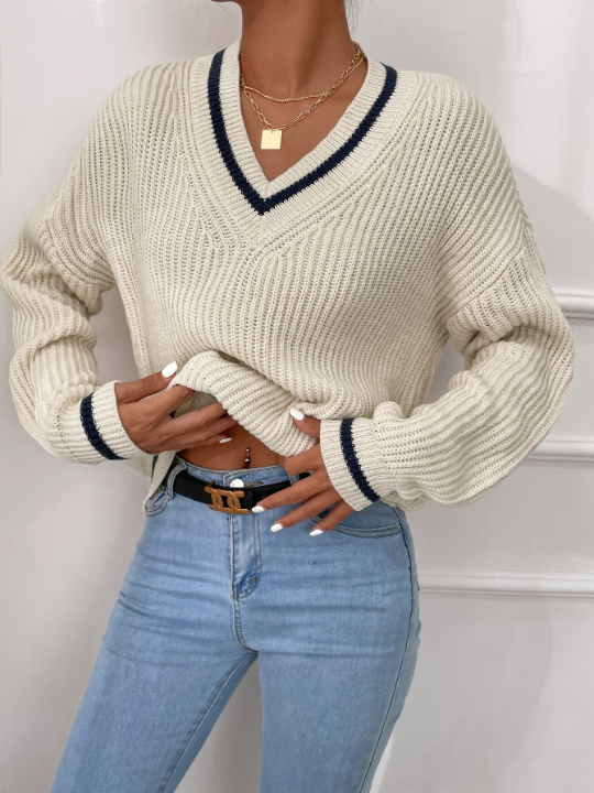 Frenchy Striped Trim Drop Shoulder Cricket V Neck Sweater