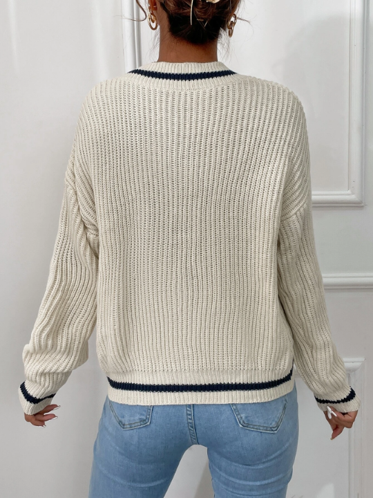 Frenchy Striped Trim Drop Shoulder Sweater