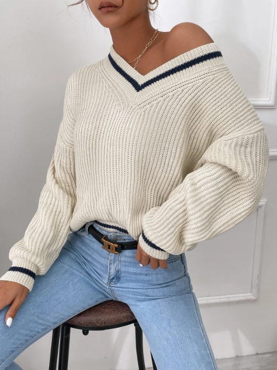 Frenchy Striped Trim Drop Shoulder Cricket V Neck Sweater