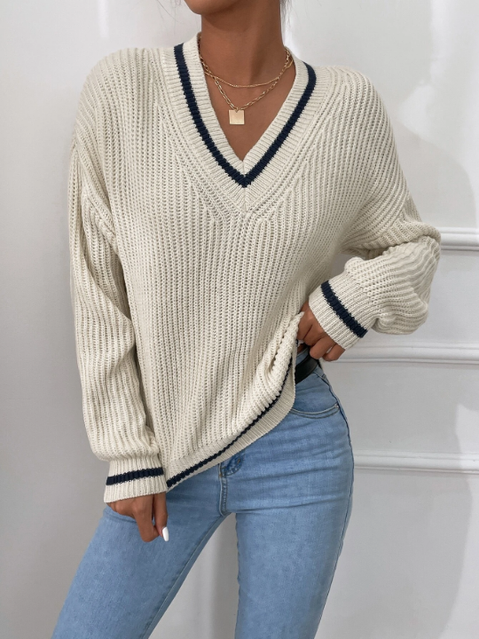 Frenchy Striped Trim Drop Shoulder Sweater