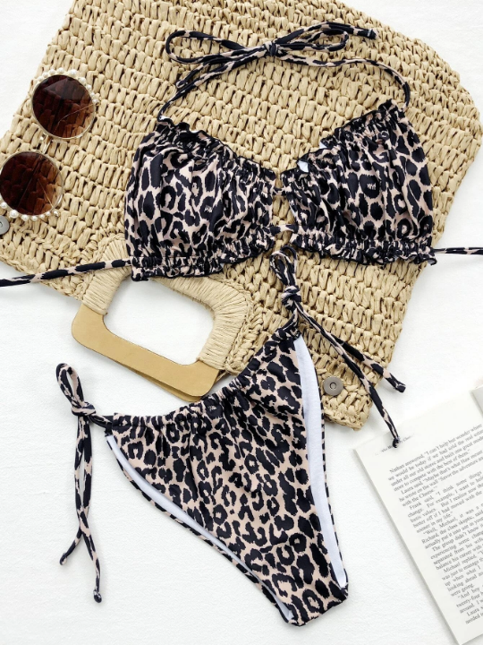 Swim Vcay Leopard Bikini Set Ruched Frill Trim Halter Bra & Thong Bottom 2 Piece Bathing Suit