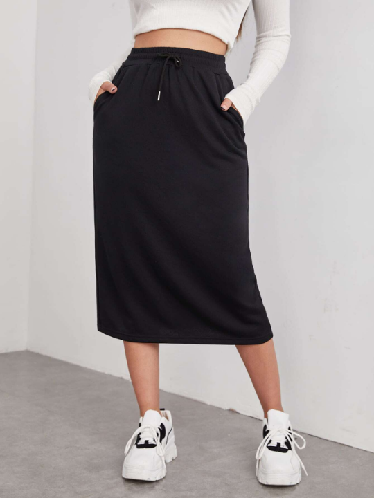 EZwear Drawstring Waist Slant Pocket Skirt