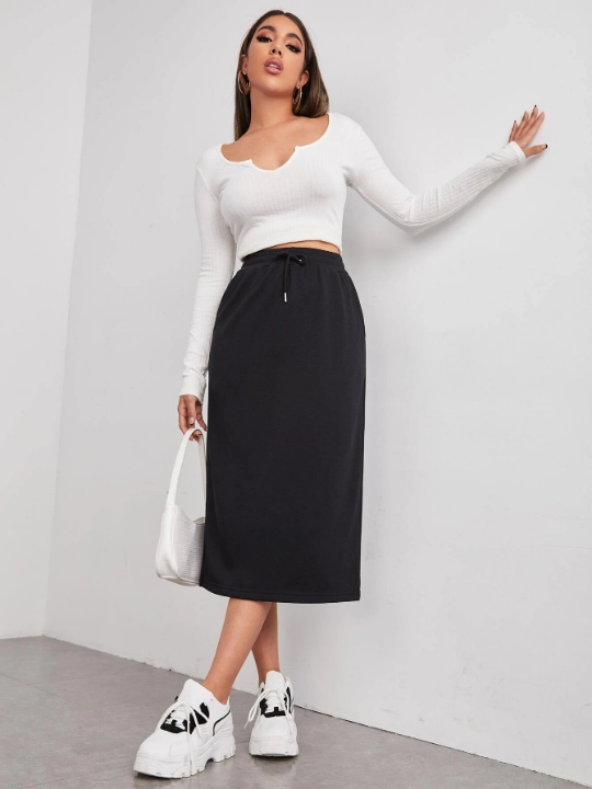 EZwear Drawstring Waist Slant Pocket Skirt