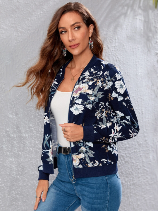 Floral Print Zip Up Bomber Jacket