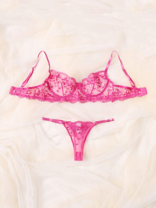 Classic Sexy Leaf Embroidery Sheer Mesh Underwire Lingerie Set