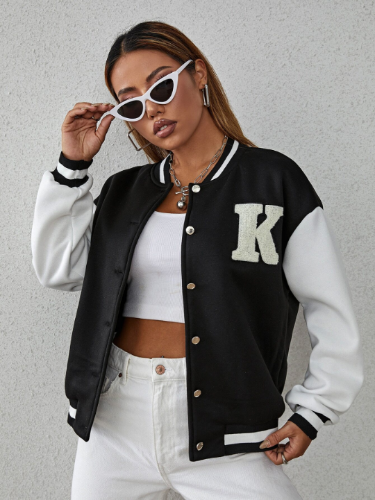 Letter Patch Detail Drop Shoulder Two Tone Varsity Jacket