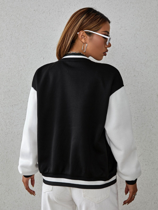 Letter Patch Detail Drop Shoulder Two Tone Varsity Jacket