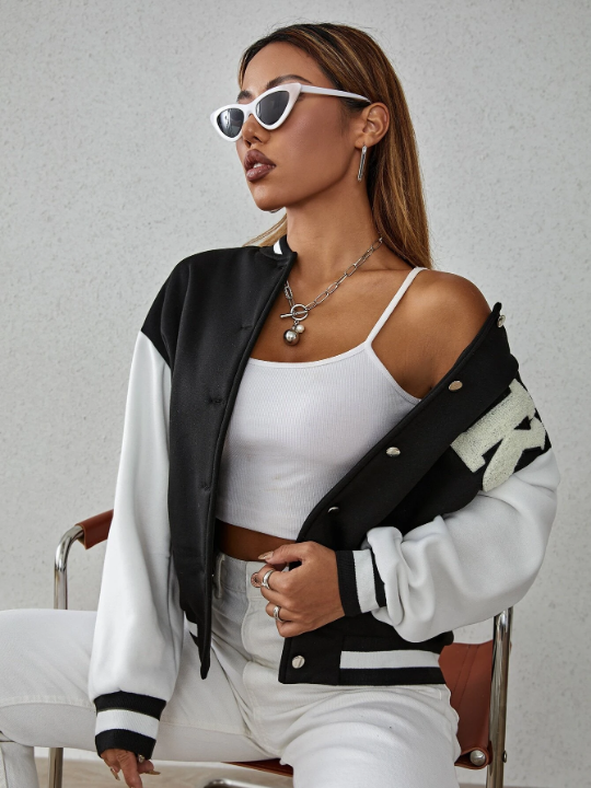 Letter Patch Detail Drop Shoulder Two Tone Varsity Jacket