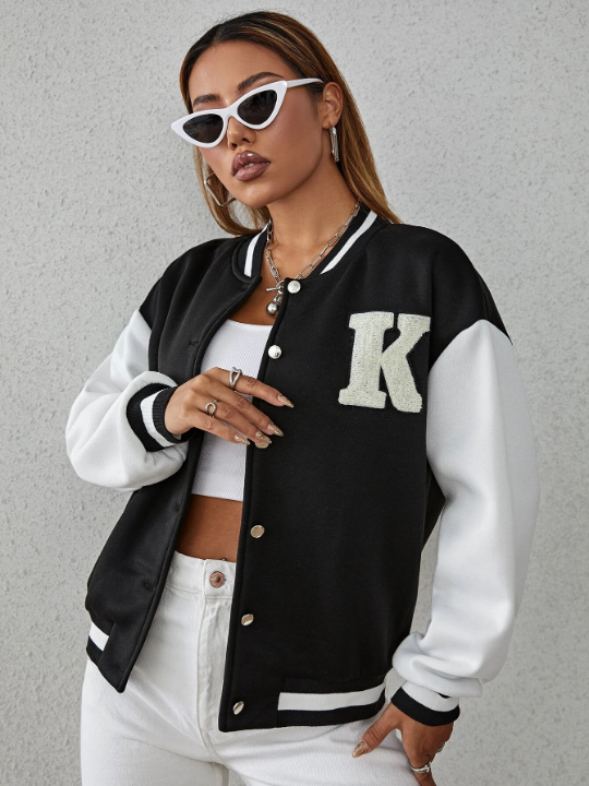 Letter Patch Detail Drop Shoulder Two Tone Varsity Jacket