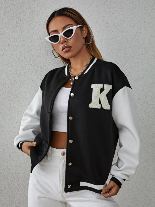 Letter Patch Detail Drop Shoulder Two Tone Varsity Jacket