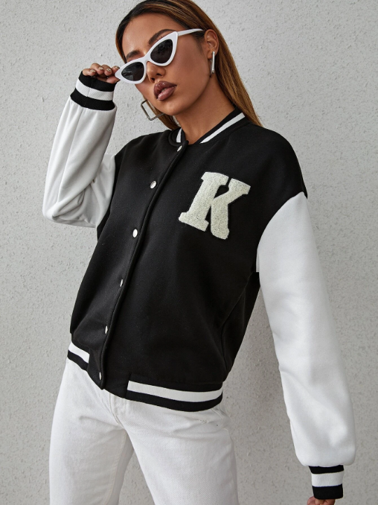 Letter Patch Detail Drop Shoulder Two Tone Varsity Jacket