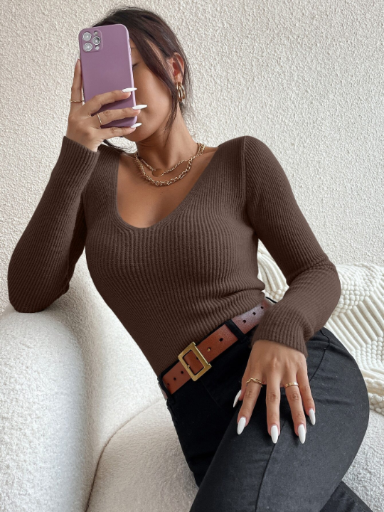 Frenchy Solid Rib Knit V Neck Sweater