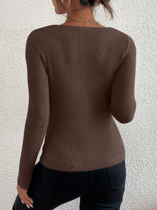 Frenchy Solid Rib Knit V Neck Sweater