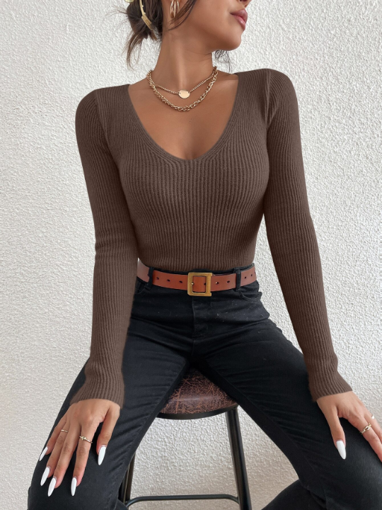 Frenchy Solid Rib Knit V Neck Sweater