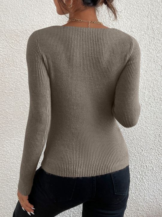 Frenchy Solid Rib Knit V Neck Sweater