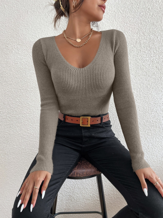 Frenchy Solid Rib Knit V Neck Sweater