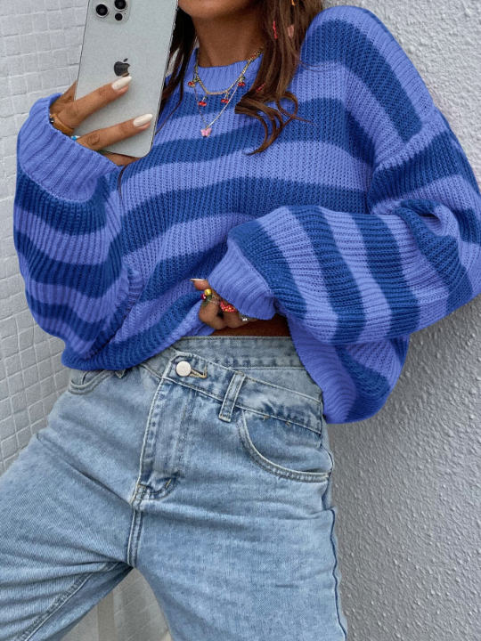 Essnce Striped Pattern Drop Shoulder Sweater