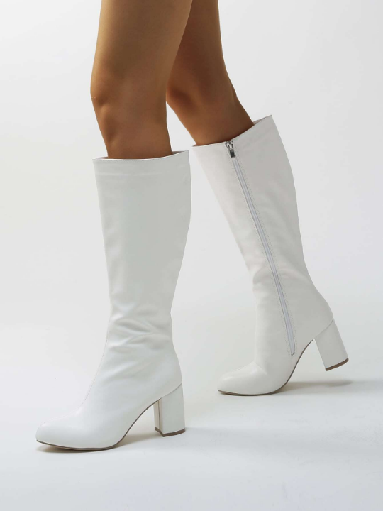 Women Minimalist Side Zipper Chunky Heeled Classic Boots White Winter Shoes