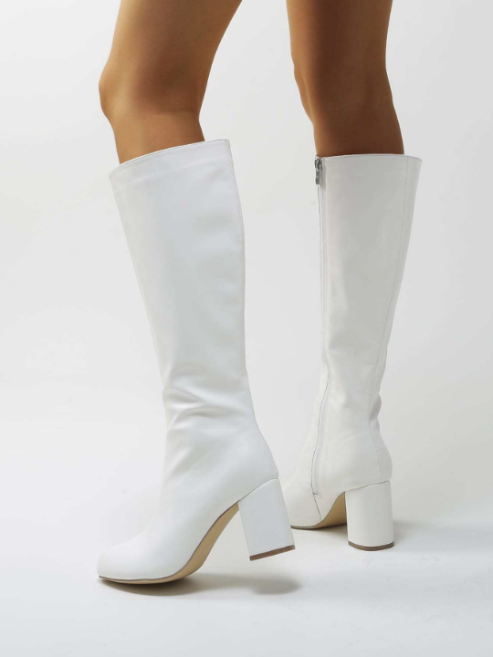 Women Minimalist Side Zipper Chunky Heeled Classic Boots White Winter Shoes