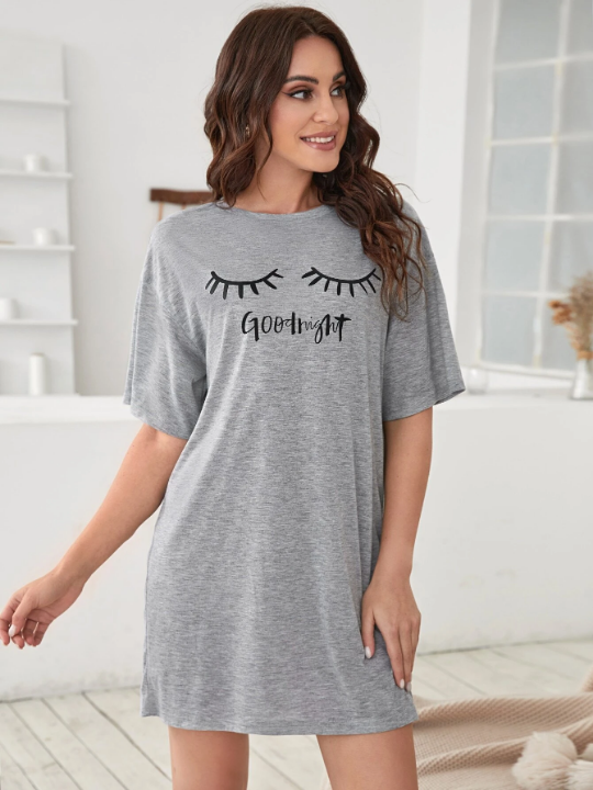 Slogan & Eyelash Print Drop Shoulder Nightdress