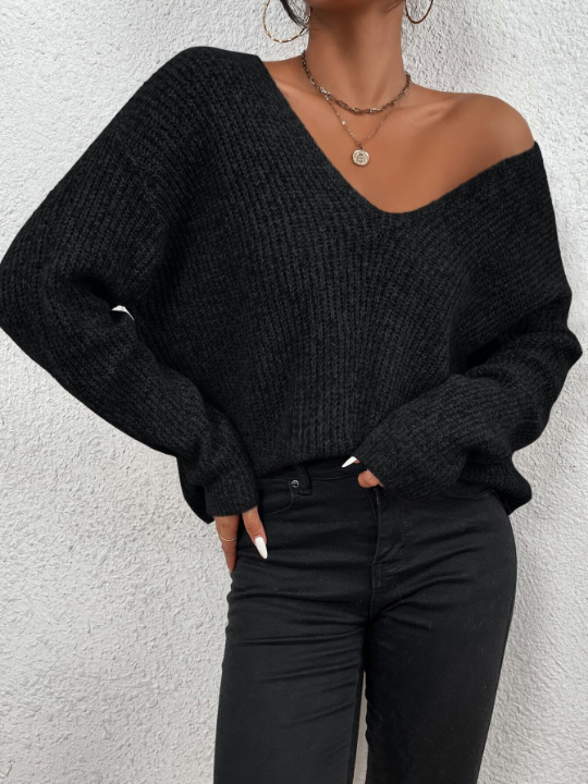 Frenchy V-neck Drop Shoulder Ribbed Knit Sweater