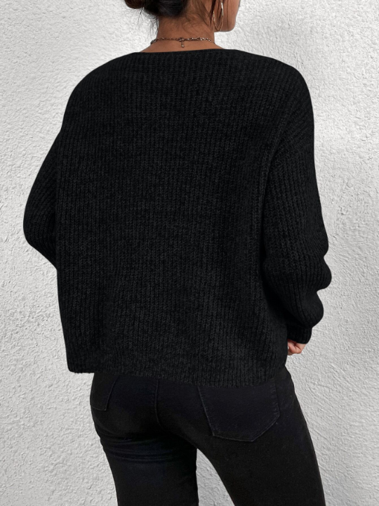 Frenchy V-neck Drop Shoulder Ribbed Knit Sweater