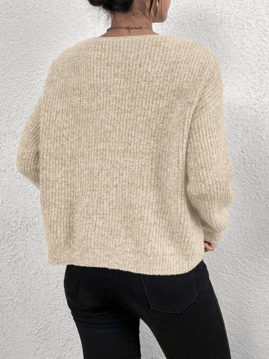 Frenchy V-neck Drop Shoulder Ribbed Knit Sweater