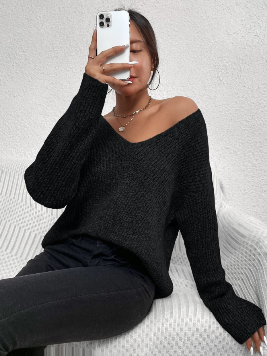 Frenchy V-neck Drop Shoulder Ribbed Knit Sweater